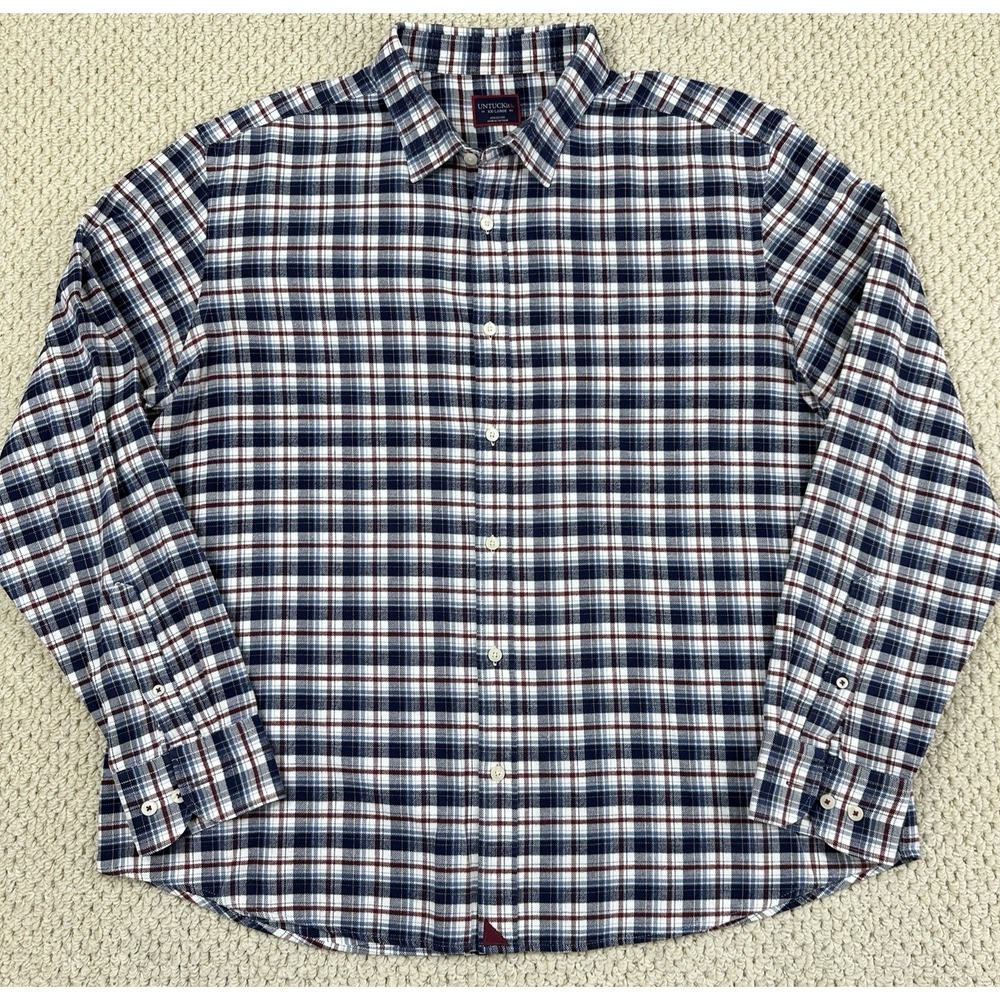 Untuckit Flannel Shirt Mens 2XL Blue Red Plaid Kaesler Long Sleeve Button Front